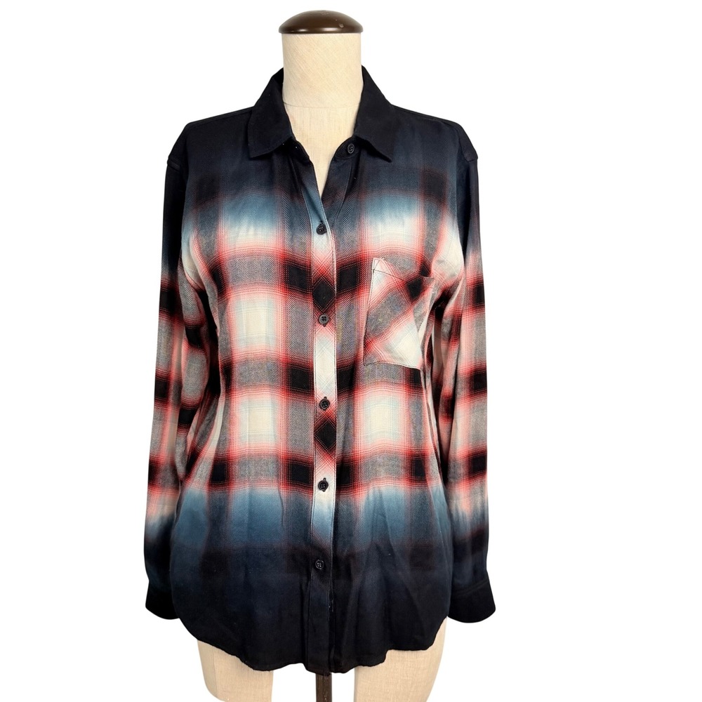 Rails Hunter Ivory Smoke Dip Dye Red Blue Black Plaid Flannel Rayon Shirt‎ Small